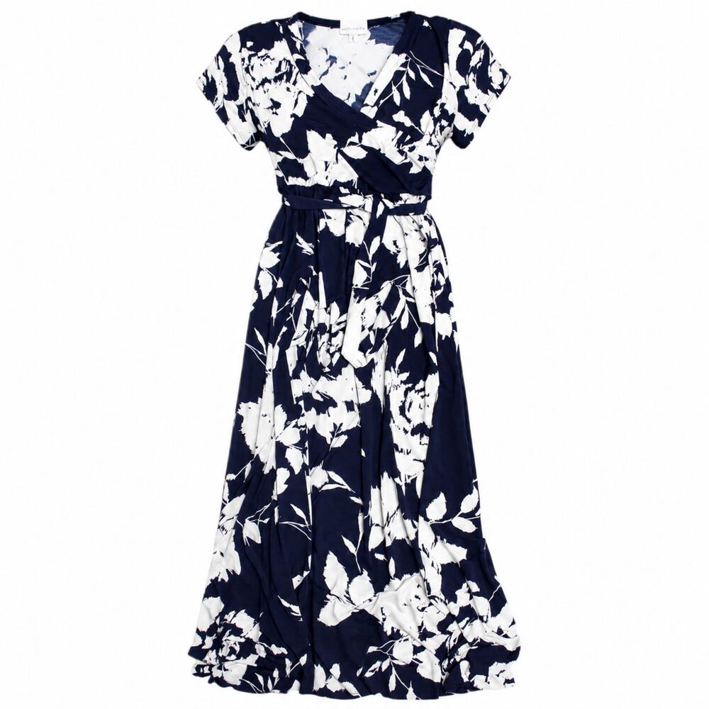 Meri Skye Women's 2X Navy White Floral Wrap Maxi Dress Short Sleeve Belted